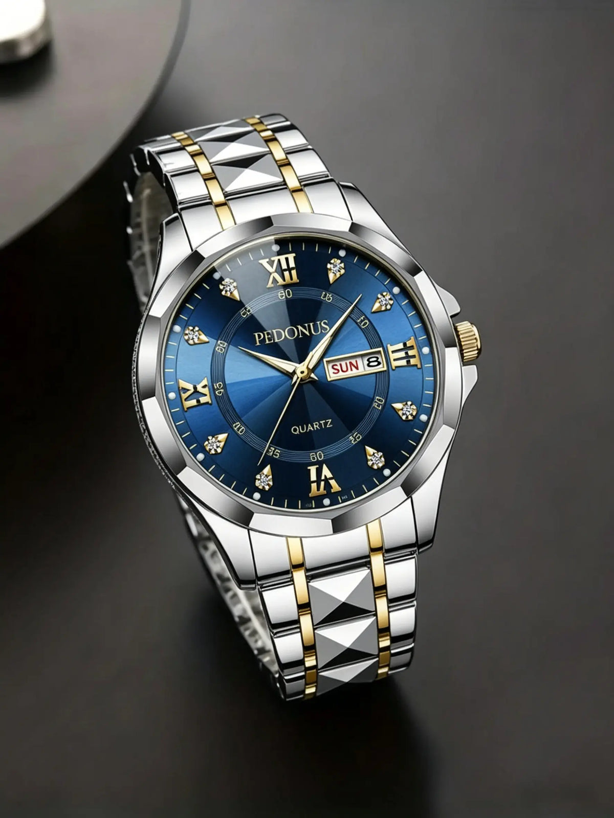 Men's Business Luminous Quartz Watch – Stainless Steel Gold-Accent Band & Blue Day/Date Dial