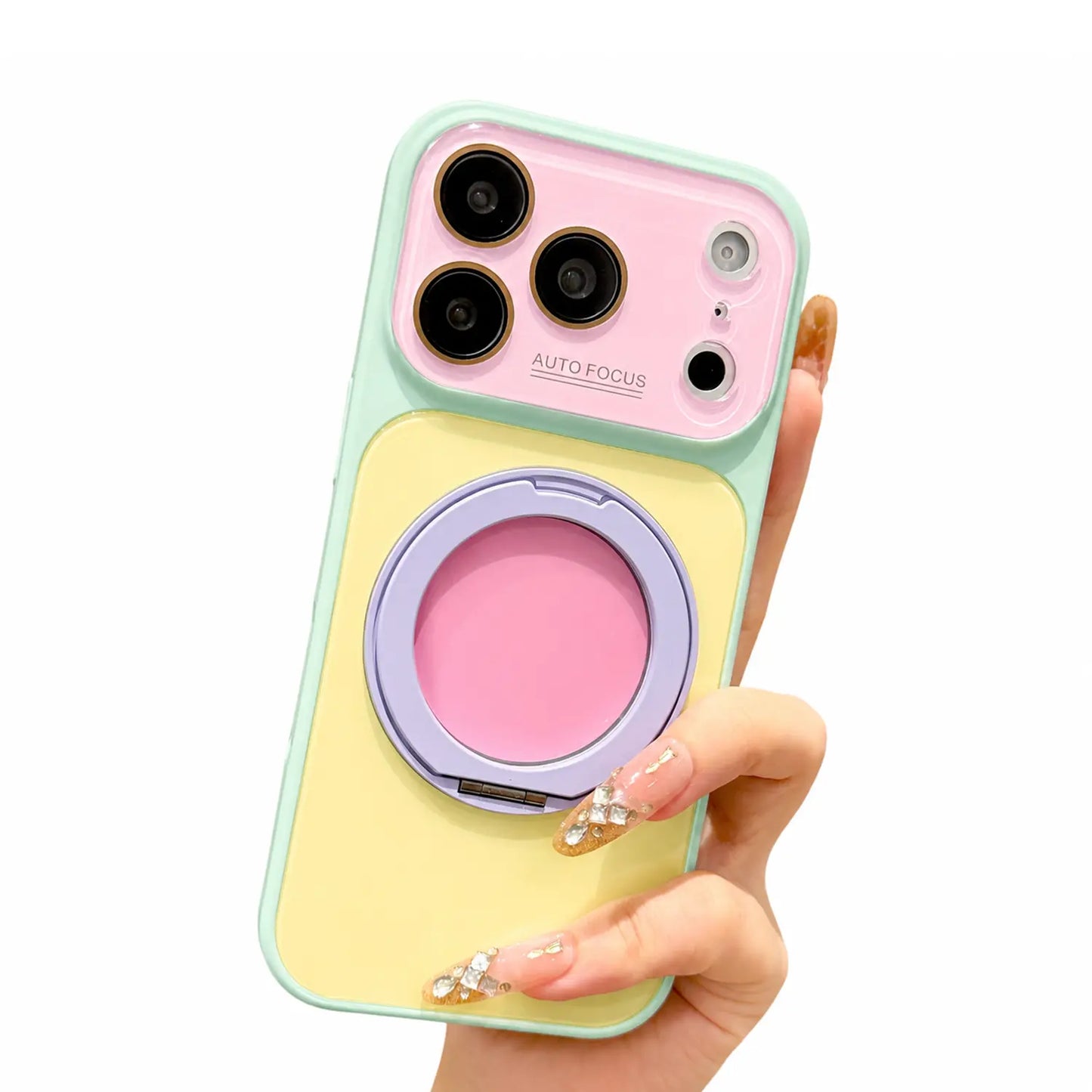 Dopamine Colorblock Glossy Magnetic Case for iPhone 17 Pro Max – 360° Rotating Ring Stand & MagSafe Cover