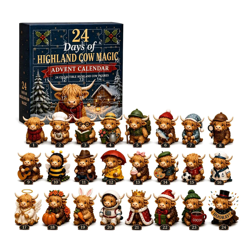 24-Day Highland Cow Christmas Advent Calendar – Festive Countdown Decor & Toy Set