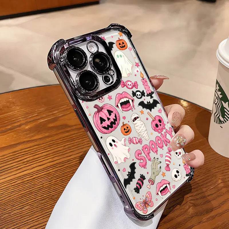 Cute Candy Pumpkin & Ghost Transparent Phone Case for iPhone 17 Pro Max – 4-Corner Anti-Fall Shockproof Cover