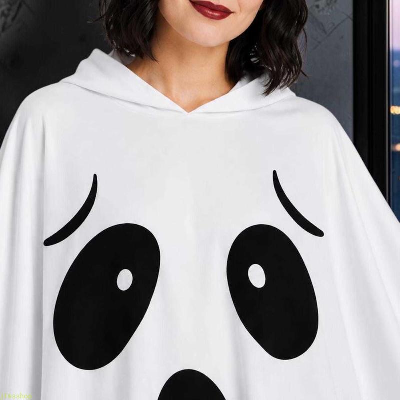 Adult White Hooded Ghost Cape – Soft Loose-Fit Halloween Poncho Costume