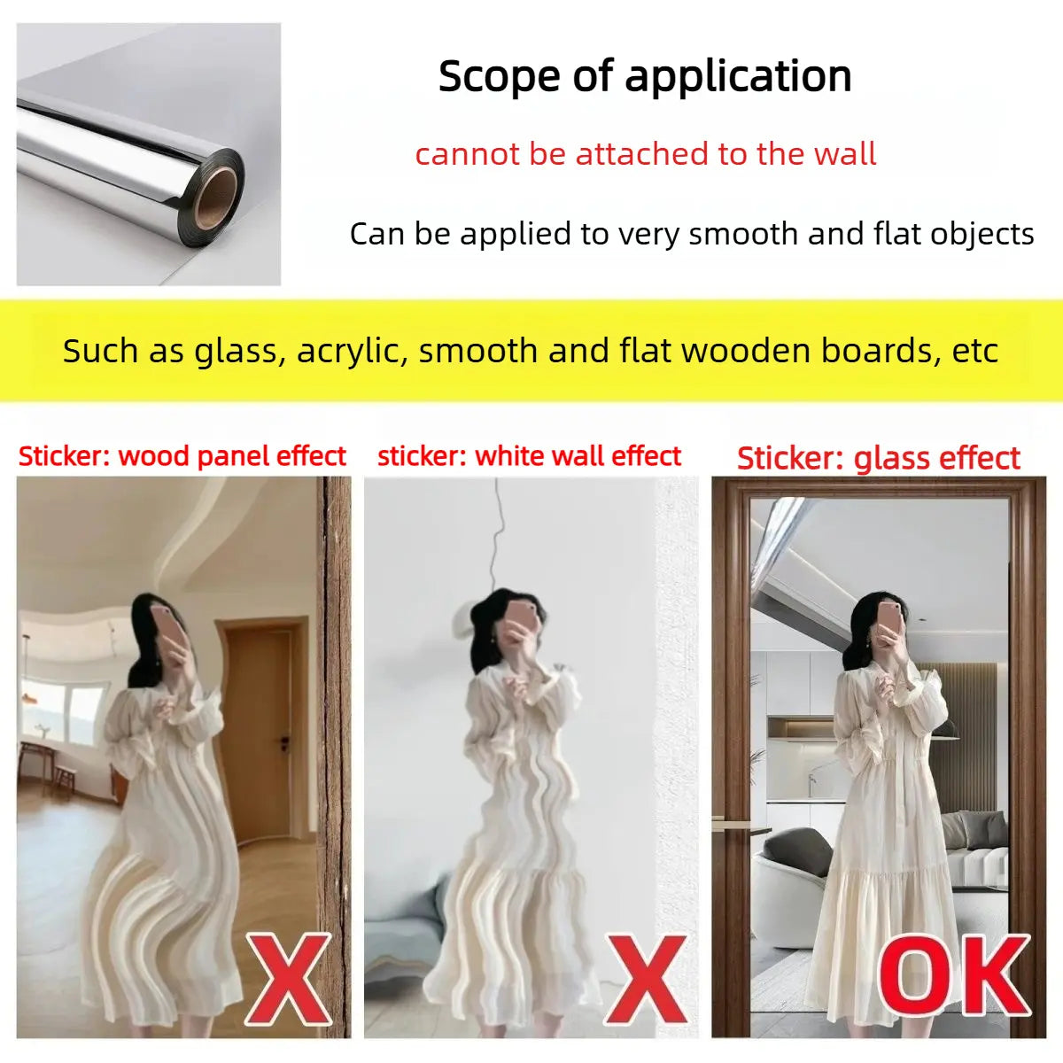 Self-adhesive mirror sticker with backing tape, 20 × 40 inch, soft glass mirror for self-service/glass doors, home use, full-length mirror, Instagram‑style bedroom reflective film