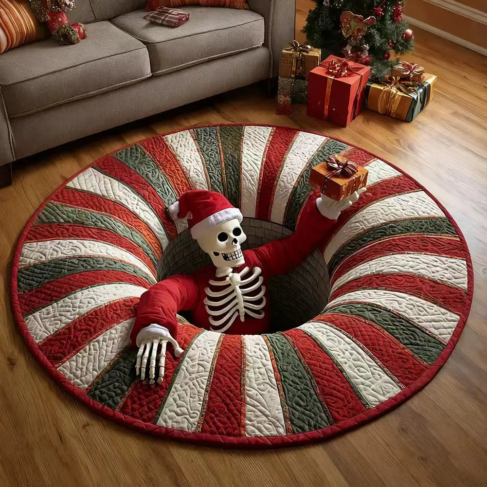 Halloween 3D Skeleton Vortex Quilted Illusion Round Rug (16") – Soft Non-Slip Spooky Living Room Carpet