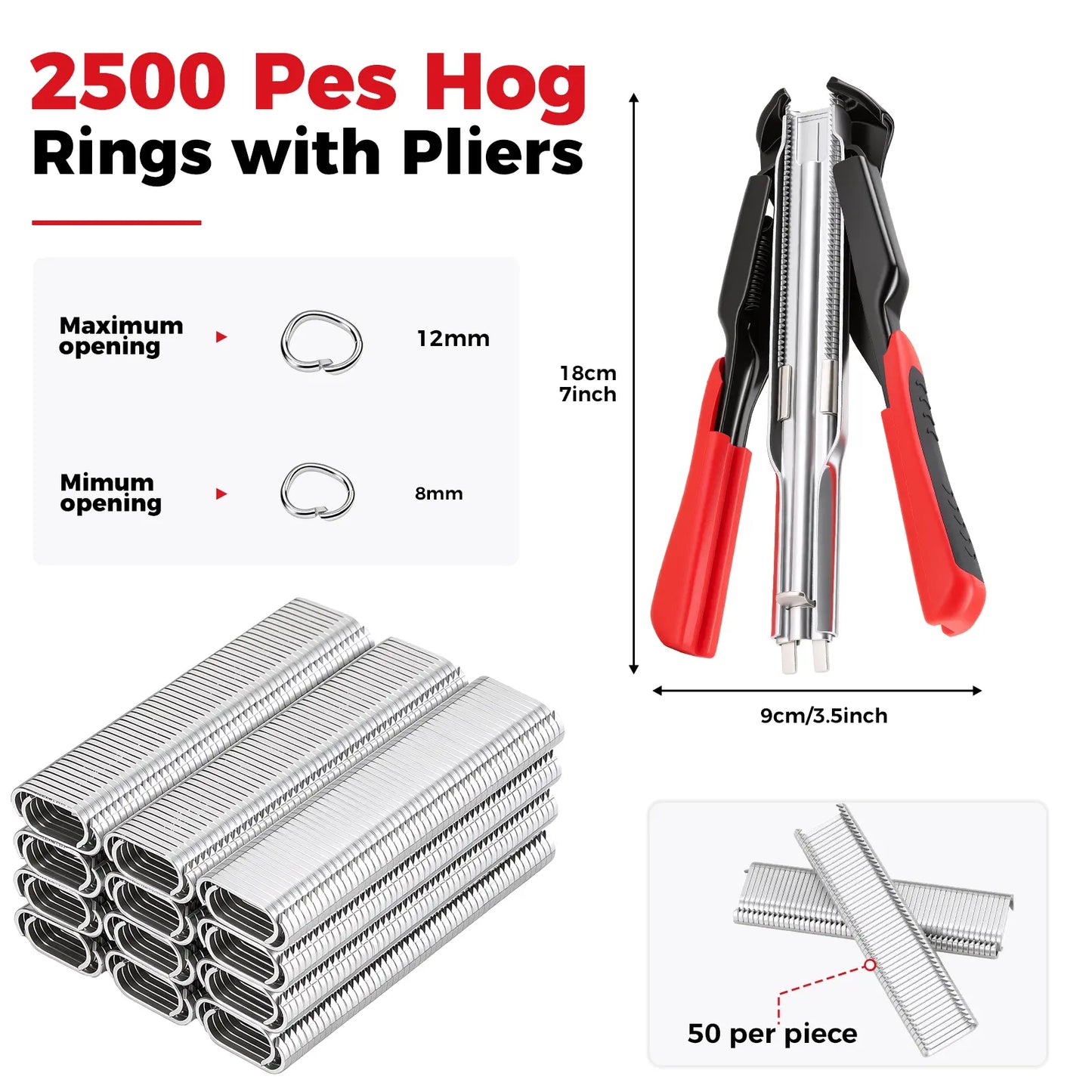 GJANSH 100 PCS/2500 PCS C Clips Hog Ring Pliers Kit, 3/4'' Hog Ring Nail, Fencing Plier Staple Gun Cage Clamp for Animal Pet Cages Fencing, Upholstery, Car Cushions, Meat and Sausage Casings fathersdaygift