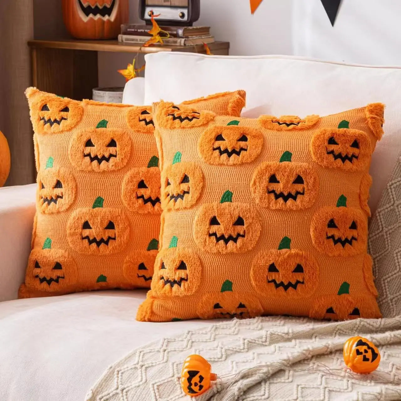 Embroidered Pumpkin Halloween Pillow Cover – Soft Faux Wool Farmhouse Decor
