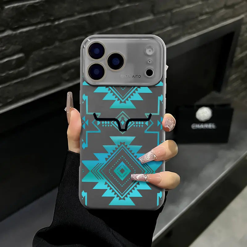 Aesthetic Western Aztec Turquoise Bull Head Phone Case for iPhone 17 Pro Max – Southwestern Tribal Shockproof Protective Cover