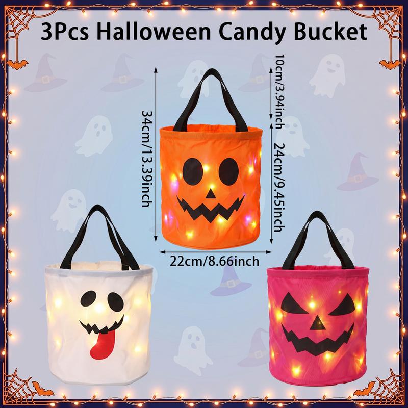 LED Light Halloween Pumpkin Candy Bucket Bags – Reusable Trick or Treat Tote