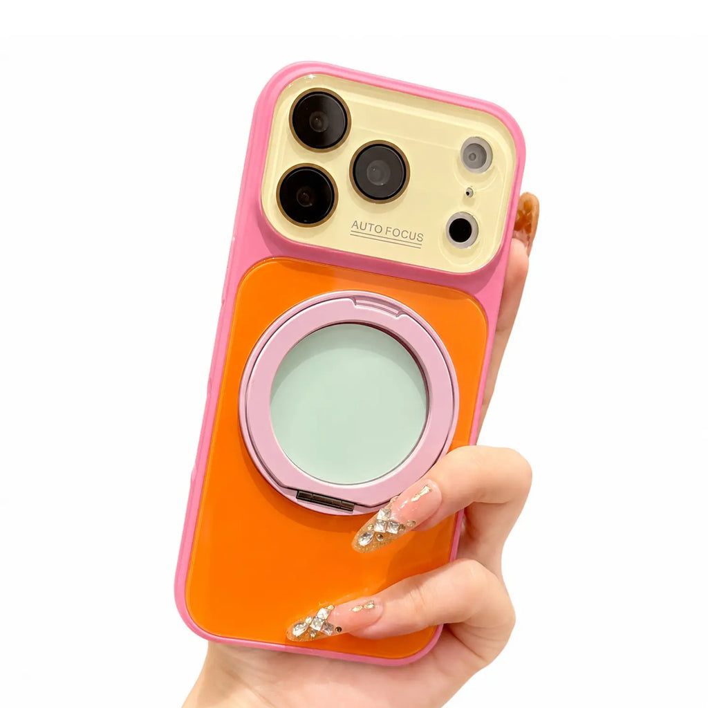 Dopamine Colorblock Glossy Magnetic Case for iPhone 17 Pro Max – 360° Rotating Ring Stand & MagSafe Cover