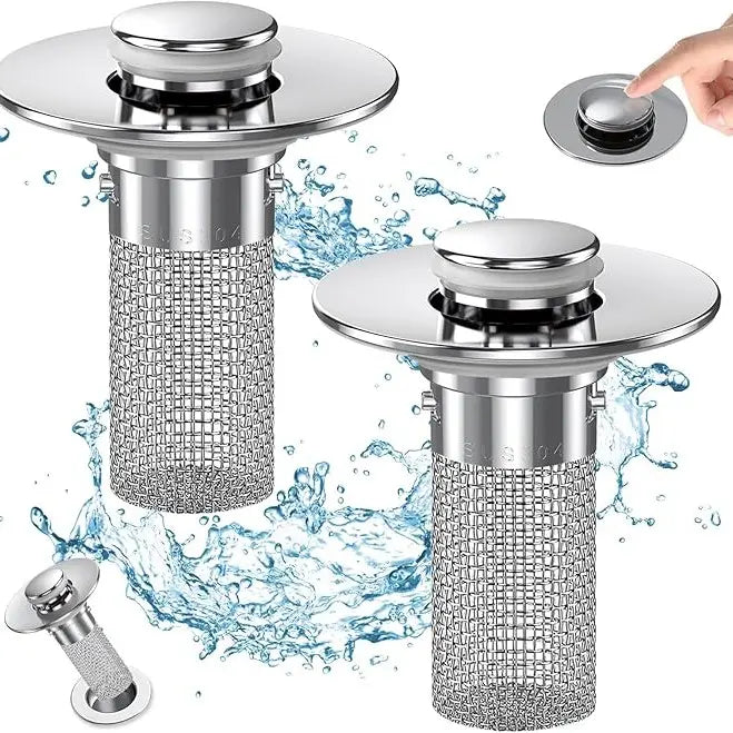 KKC 2/1 pcs Pop-Up Bathroom Sink Drain Strainer, Stainless Steel Hair Catcher Basket with Brass Drain Plug, Universal Fit for US Bathroom Sinks, Bathtubs, Showers & Floor Drains