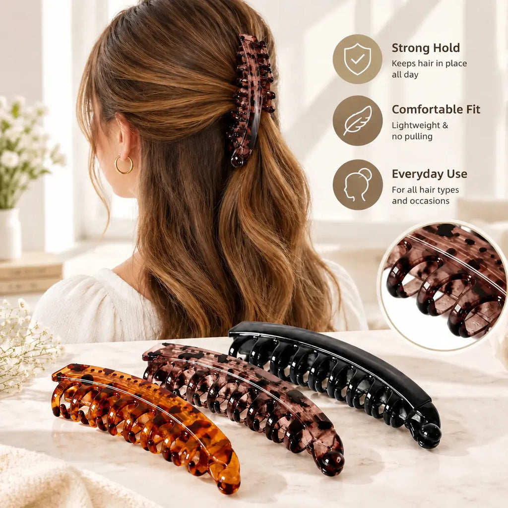 3-Piece French Banana Hair Clips – Non-Slip Neutral Ponytail Claw Clips for All Hair Types