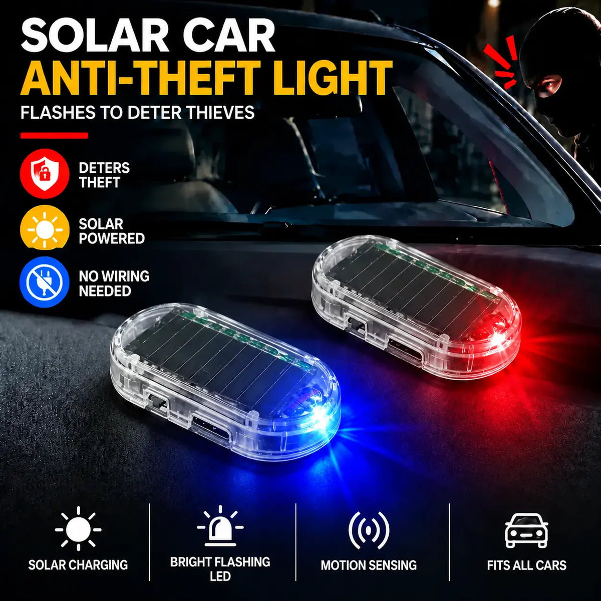 Solar Powered Fake Car Alarm Light – Auto Sensor Simulated LED Security Flashing Lamp