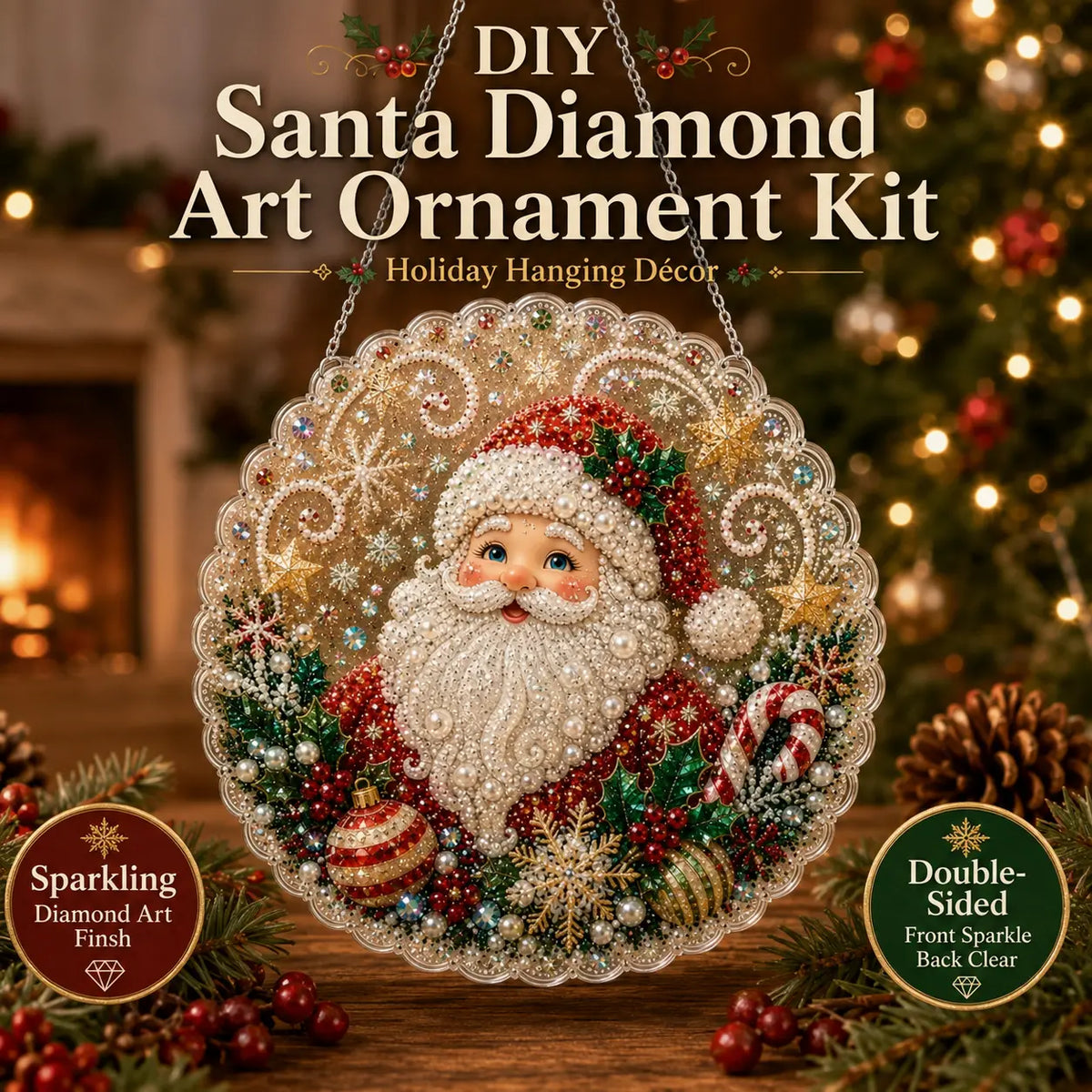 Santa DIY Diamond Painting Hanging Ornament Kit – 8x8" Gem Art Craft Set for Christmas Decor
