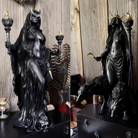 Gothic Hecate Statue, Dark Goddess Holding Torch, Witch Sculpture, Halloween Decor, Mystical Altar, Religious Decoration, Resin Home Ornament
