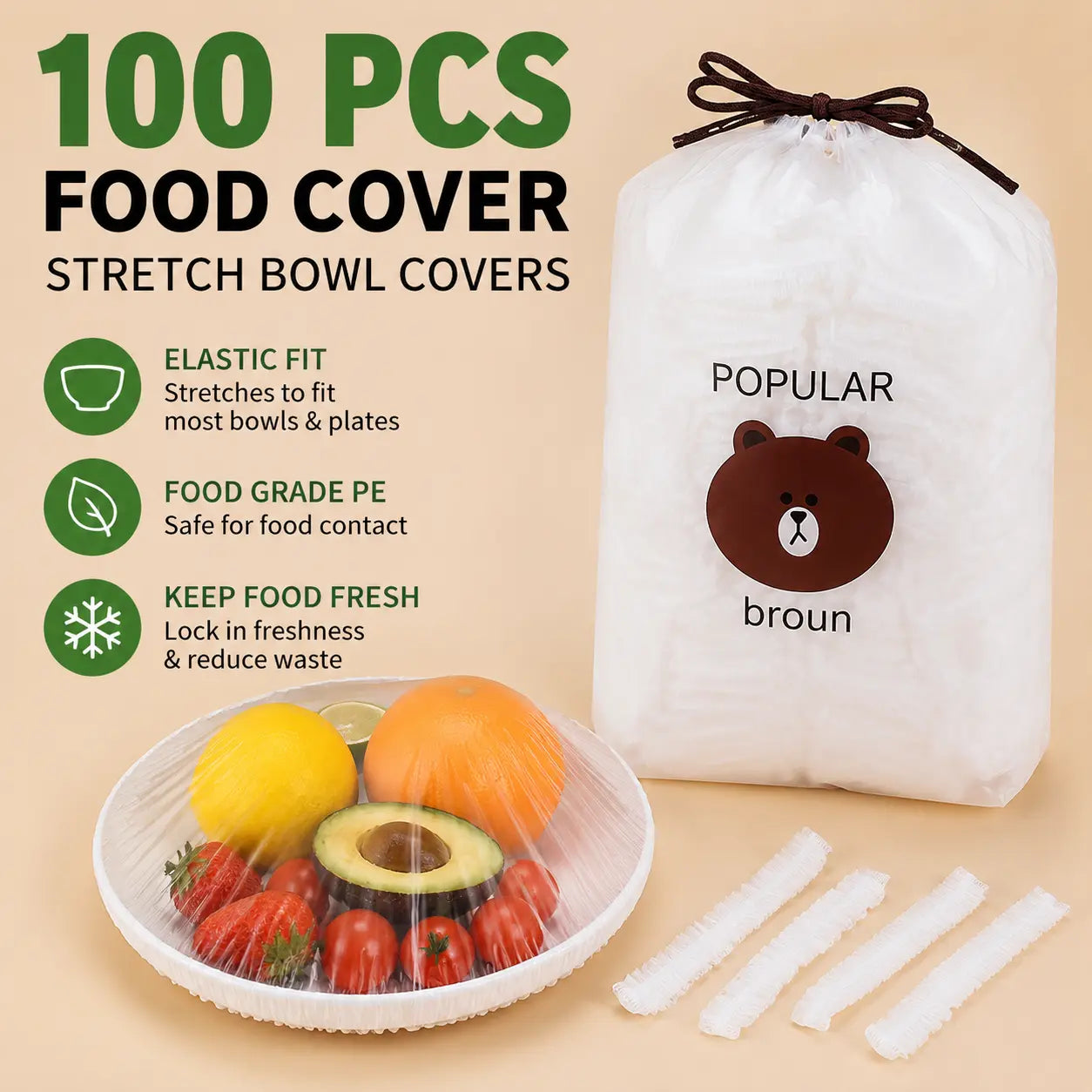 100-Pack Disposable Stretch Plastic Food Covers – Elastic Bowl Covers for Kitchen Storage