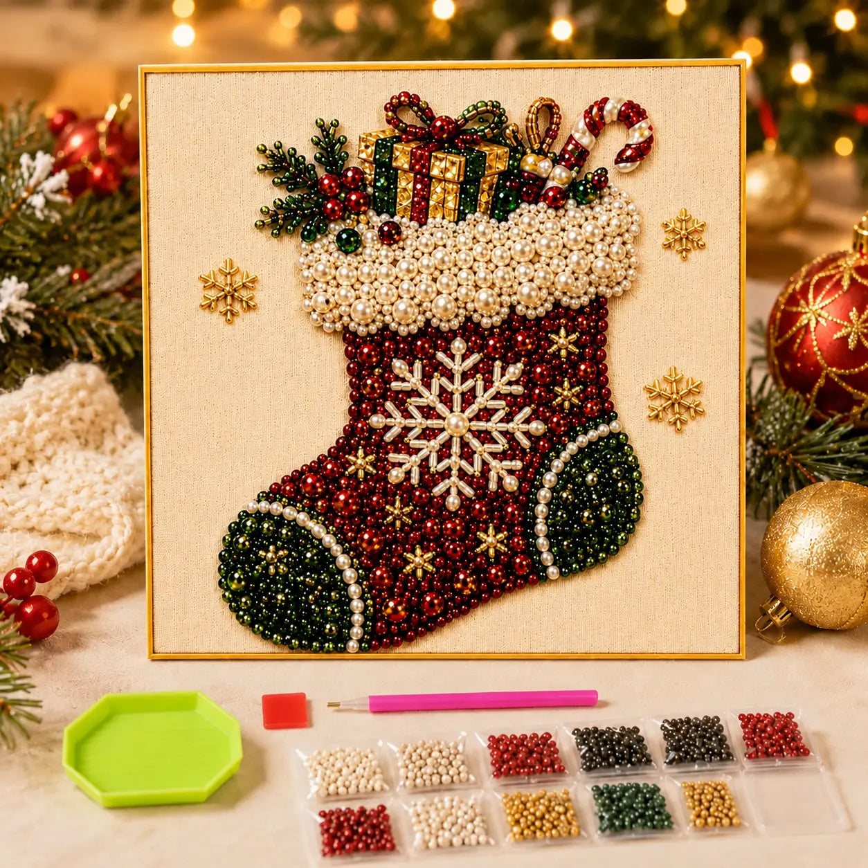Pintura de diamante con perlas y cuentas 3D para Navidad – Guirnalda navideña de pared DIY para medias