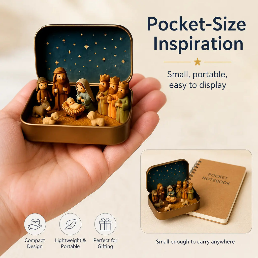 Pocket-Size Mini Nativity Scene Set with Storage Box – Hand-Painted Christmas Table Decor