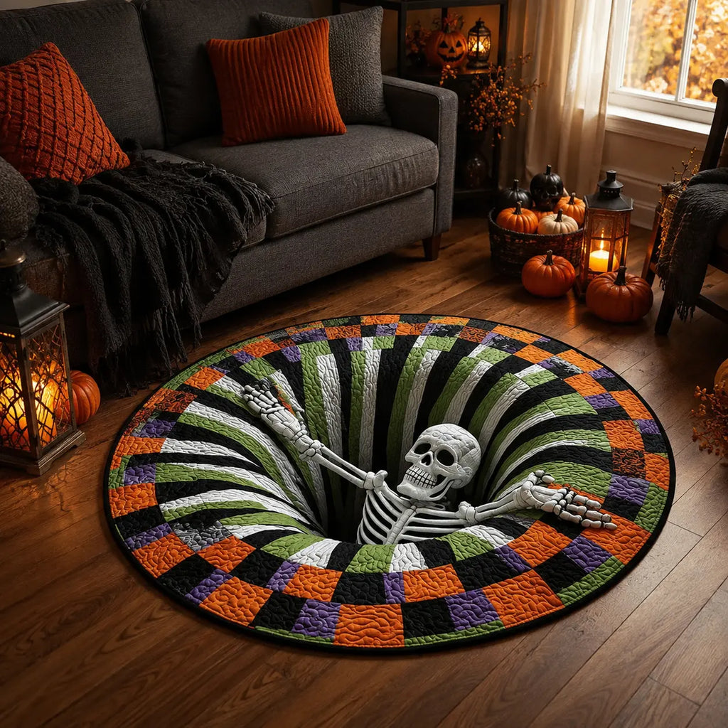 Halloween 3D Skeleton Vortex Quilted Illusion Round Rug (16") – Soft Non-Slip Spooky Living Room Carpet