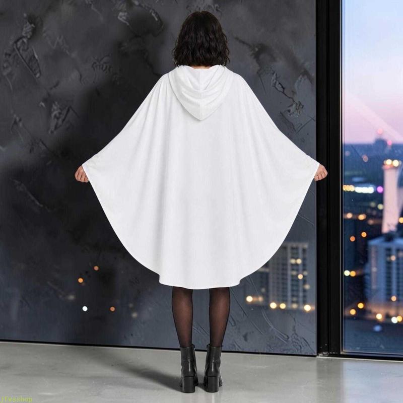 Adult White Hooded Ghost Cape – Soft Loose-Fit Halloween Poncho Costume