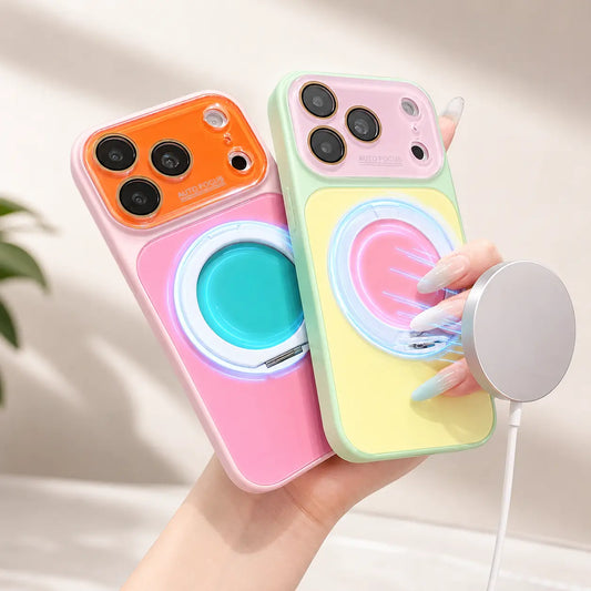 Dopamine Colorblock Glossy Magnetic Case for iPhone 17 Pro Max – 360° Rotating Ring Stand & MagSafe Cover
