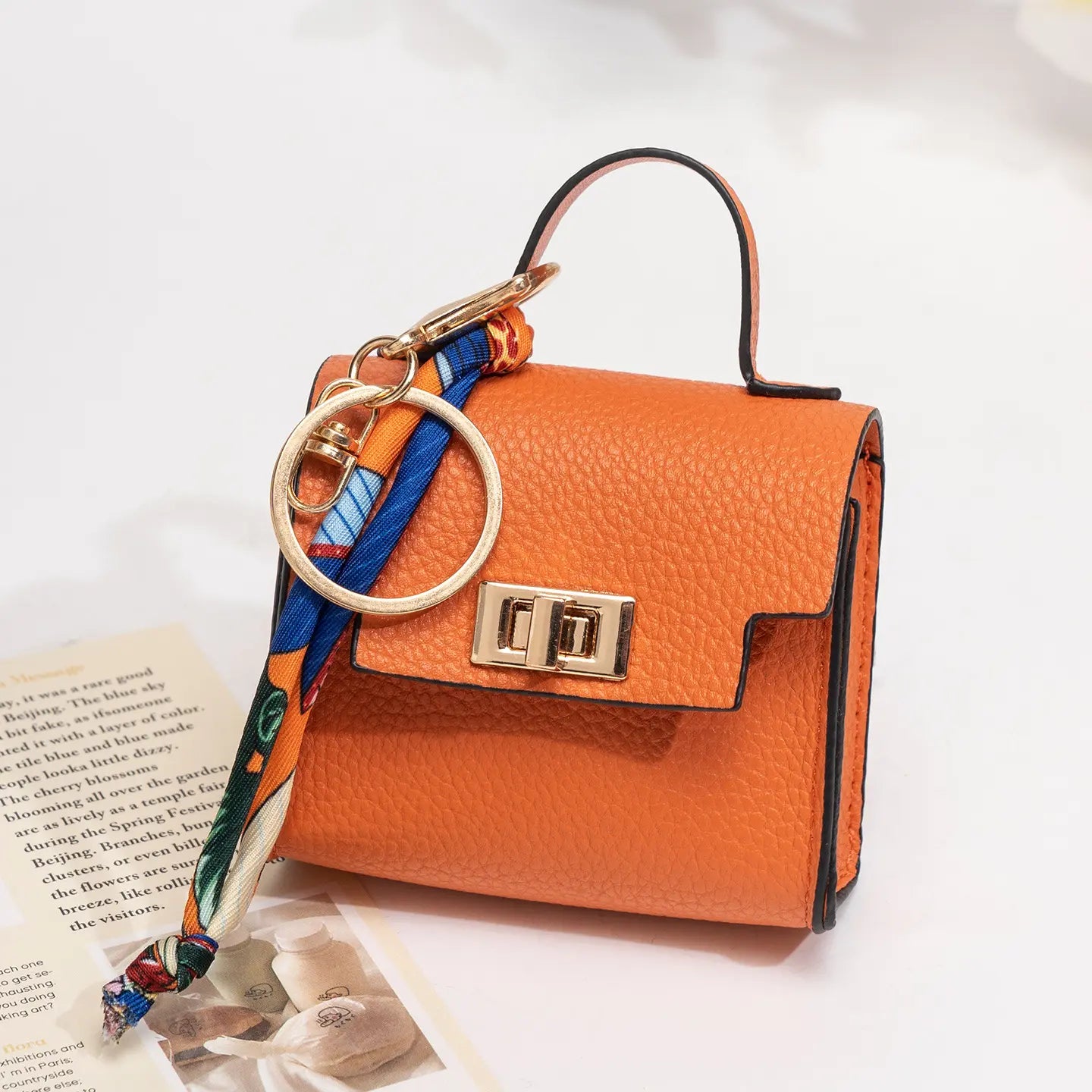 Mini Leather Bag Keychain with Colorful Strap