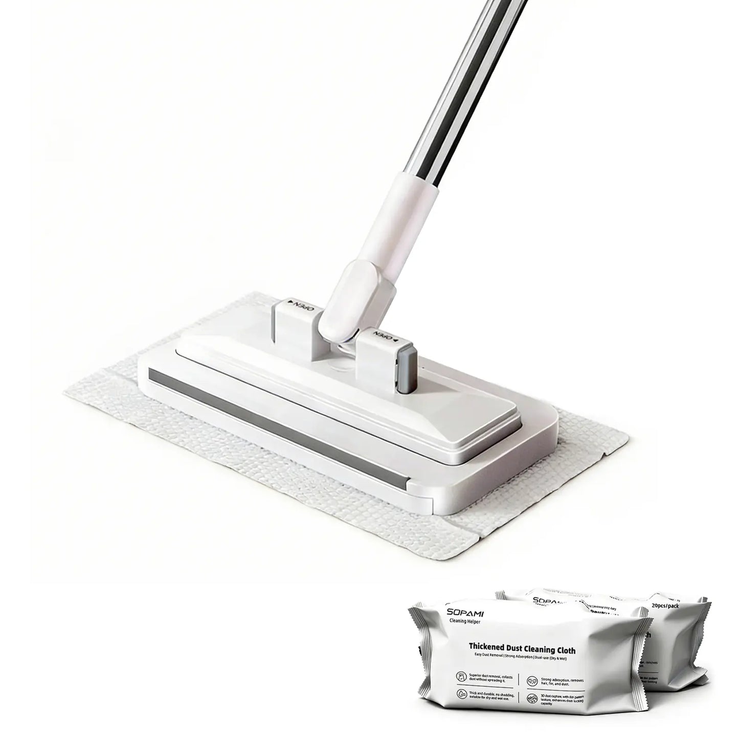 SOPAMI Disposable Mop, Hands-Free Floor Mop with Clamp, Dry Wet Use Dust Mop for Hardwood & Tile