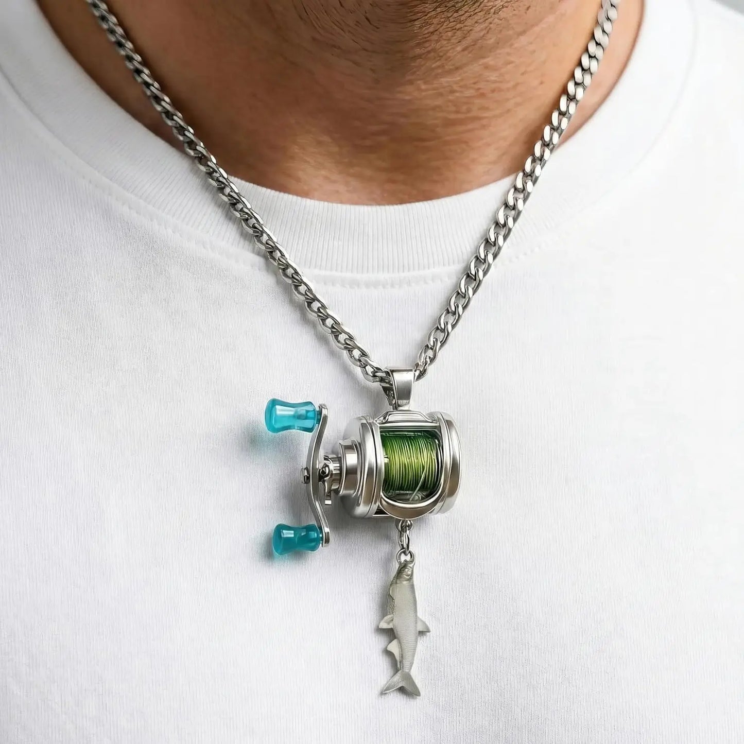 Mini Fishing Reel Necklace - Stainless Steel Interactive Pendant with Adjustable Real Line, Fish Charm, Necklaces for Women, Unique Fidget Gift for Anglers