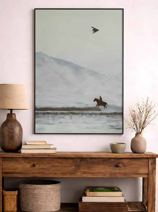 Cowboy on Horse and B2 Spirit Flying Satin Poster