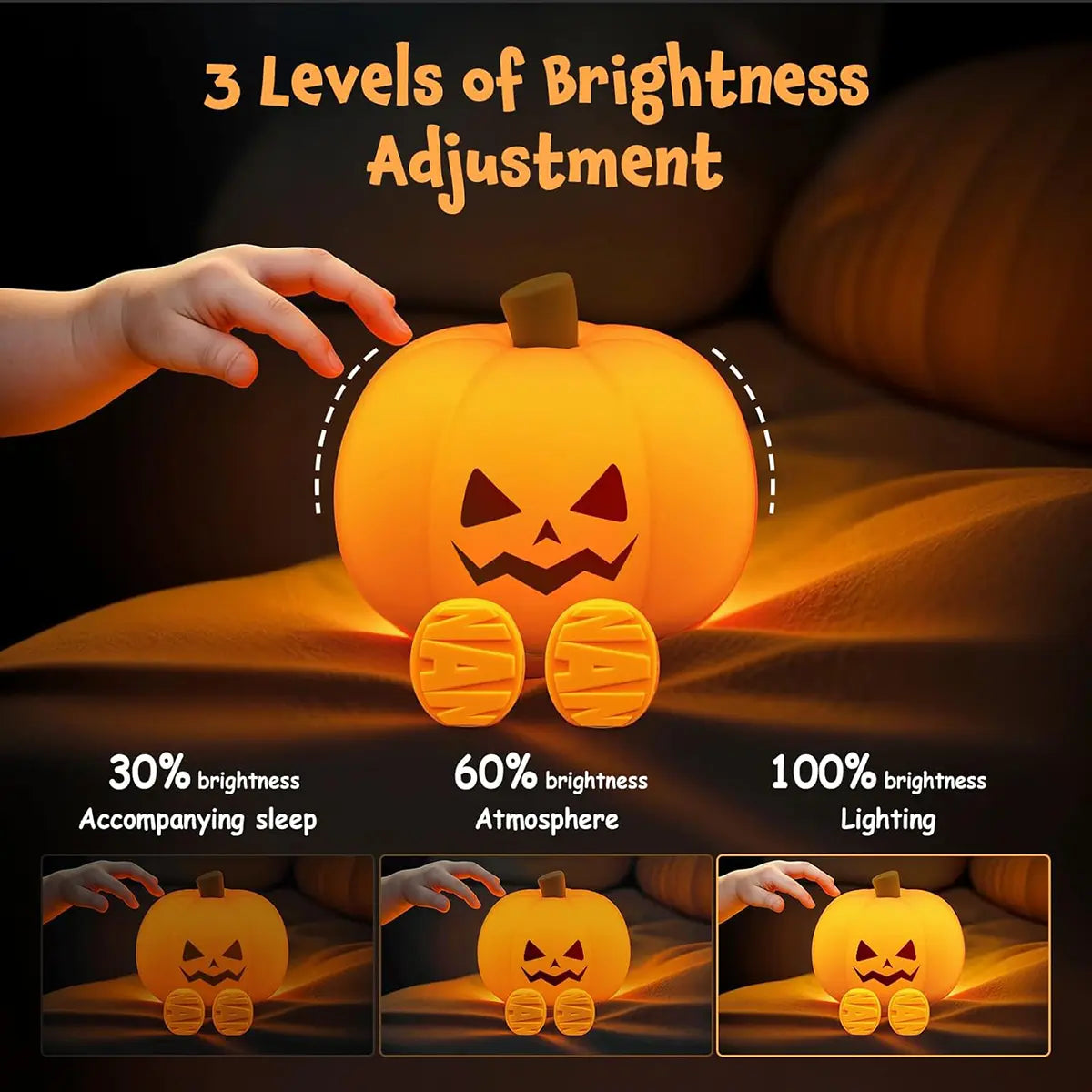 Halloween Pumpkin Lamp, Home Decoration Nights Light, Mini Cute LED Pumpkin Lamp with 3 Level Dimmable, Nursery Nightlight for Kids, Silicone Rechargeable Bedside Touch Lamp, for Kids