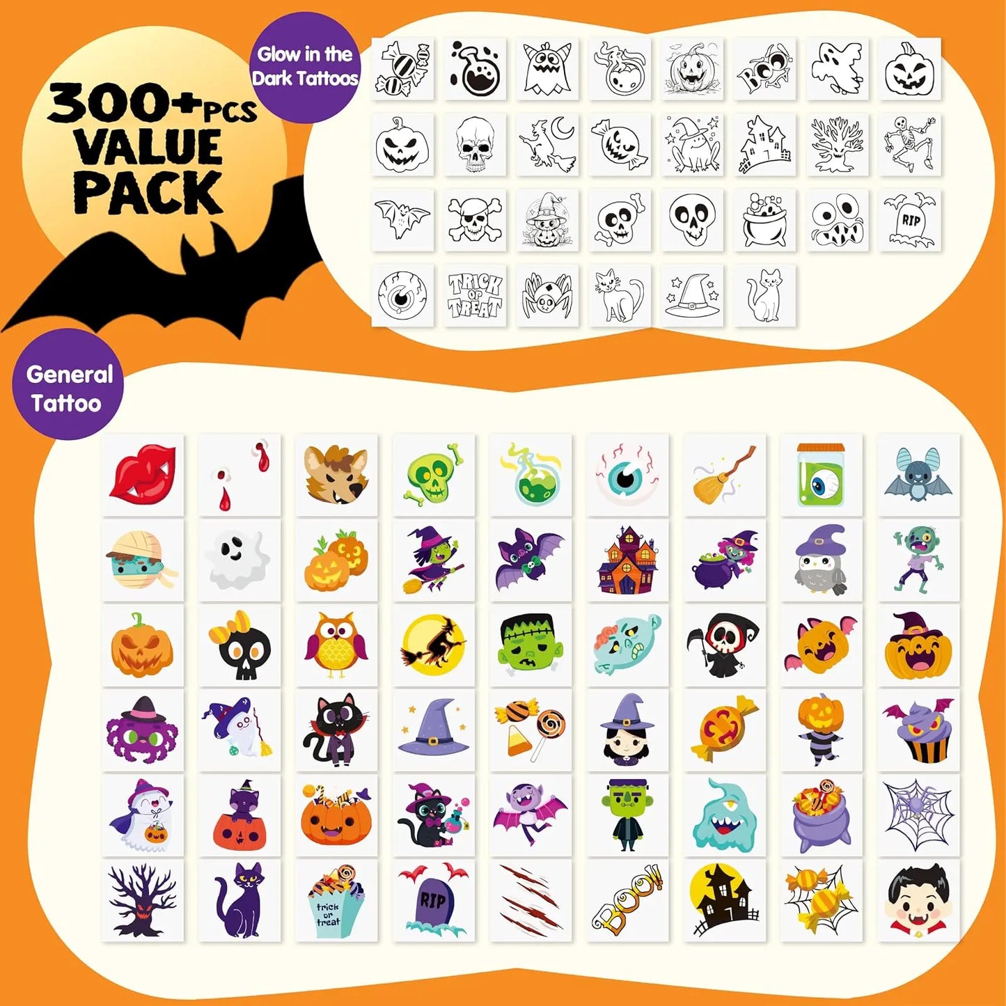JOYIN 306 Pcs Halloween Tattoos for Kids, Glowing Temporary Tattoos in Assorted Designs Bulk for Child Trick or Treat Gifts Halloween Party Favor Decorations Goodie Bags Supplies Class Game Prizes