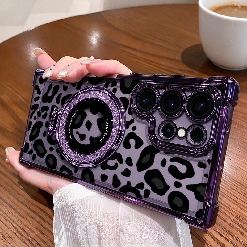 Sexy Leopard Stand Case for iPhone 17 Pro Max & Galaxy S26 Ultra – Non-Yellowing Clear Shockproof Cover