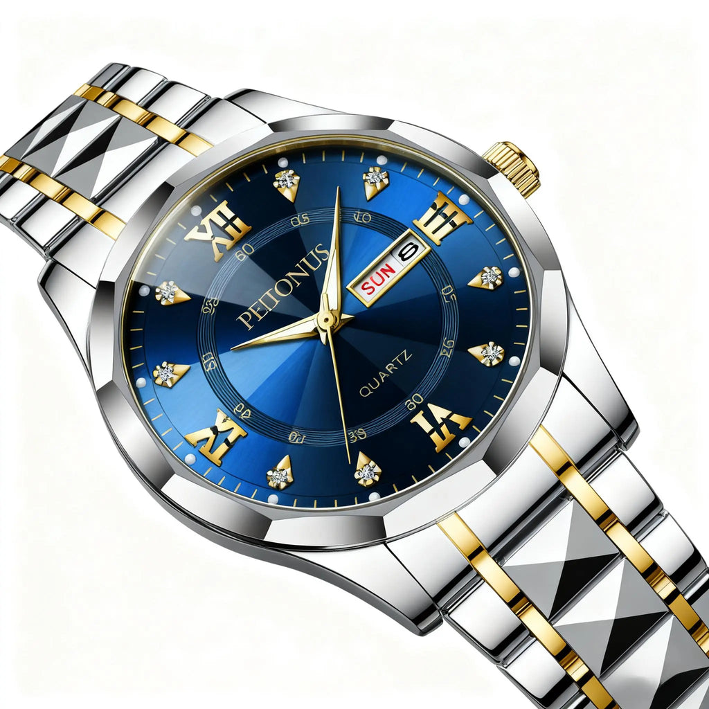 Men's Business Luminous Quartz Watch – Stainless Steel Gold-Accent Band & Blue Day/Date Dial