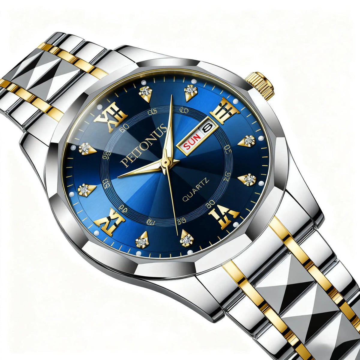Men's Business Luminous Quartz Watch – Stainless Steel Gold-Accent Band & Blue Day/Date Dial
