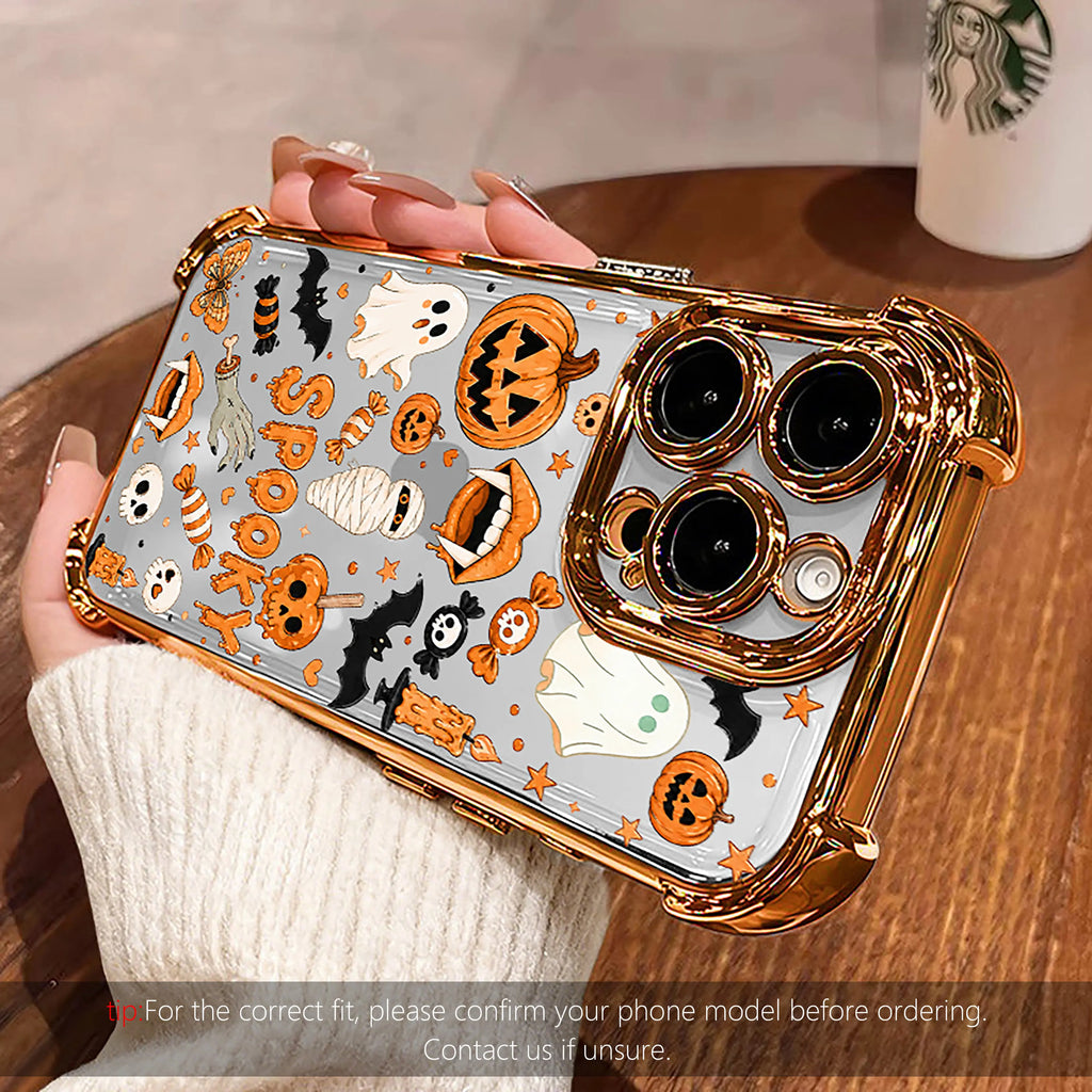 Cute Candy Pumpkin & Ghost Transparent Phone Case for iPhone 17 Pro Max – 4-Corner Anti-Fall Shockproof Cover