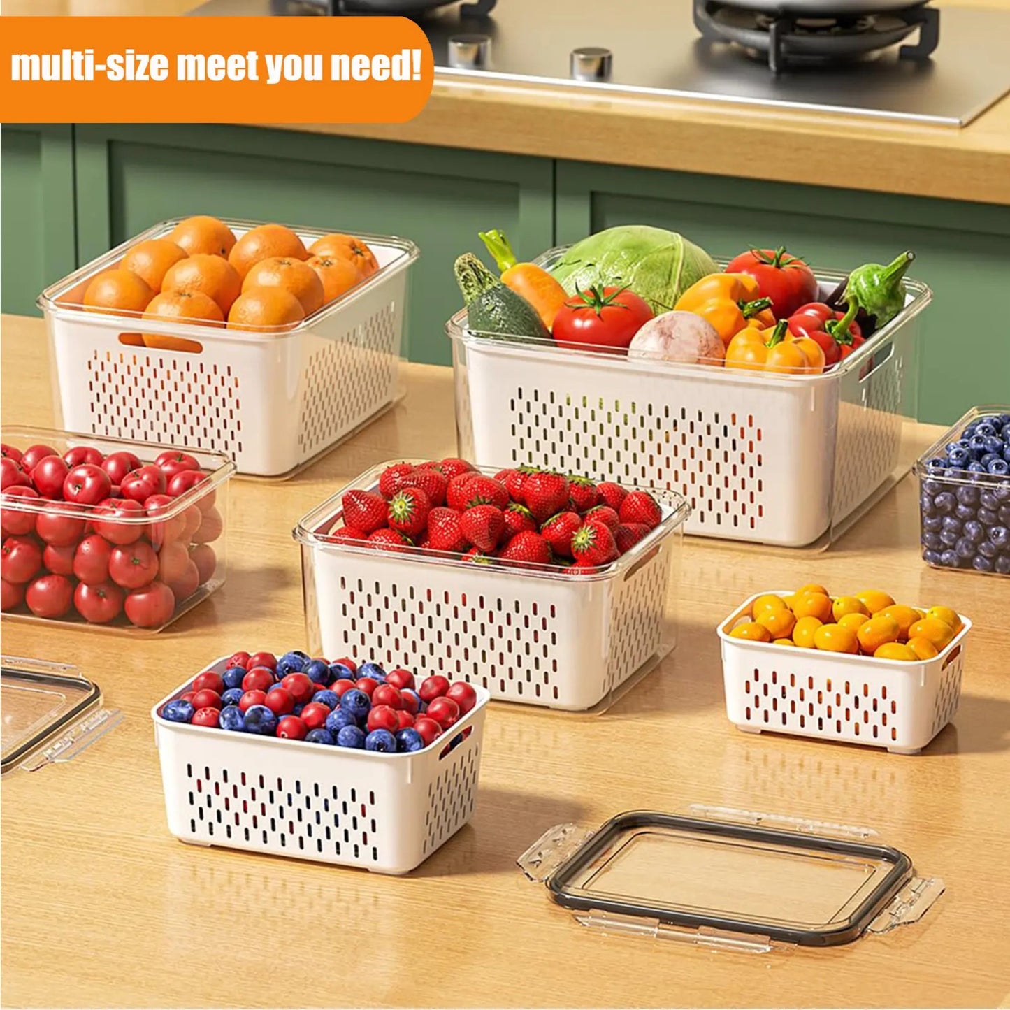 5PCS Fridge Organizer Set with Drain Basket – Stackable Produce Storage Containers for Fruits, Vegetables & Meal Prep