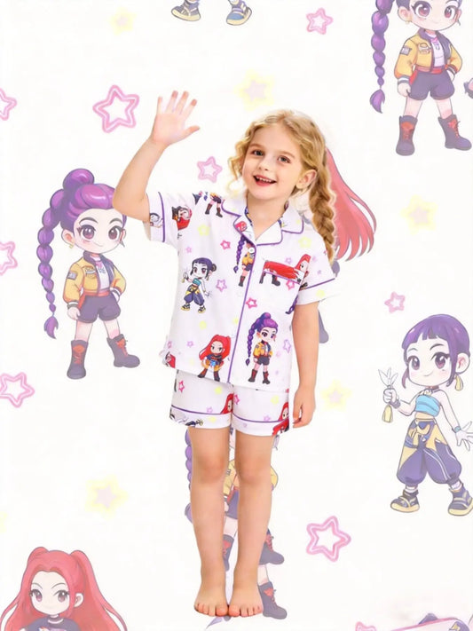 2-piece children's full body kpop cartoon character colorful star pattern printed short sleeved shorts with soft and comfortable collar design, small pocket elastic waistband, home daily casual children's clothing Sleepwear Collared Pajama Set