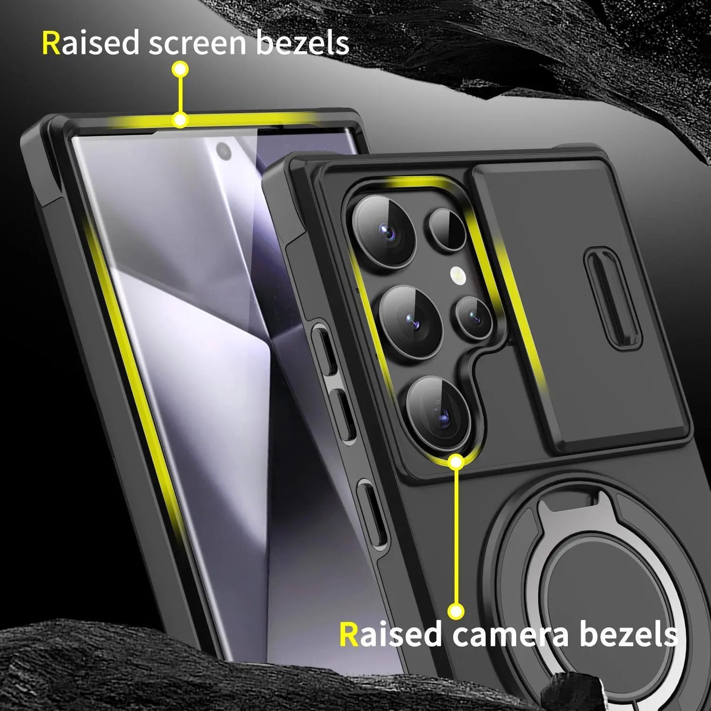 OREKROY Shockproof Magnetic Case with Slide Camera Lens Protector For Samsung Galaxy S26/S25/S24/S23/S22/S21 Ultra Plus Rotating Ring Holder