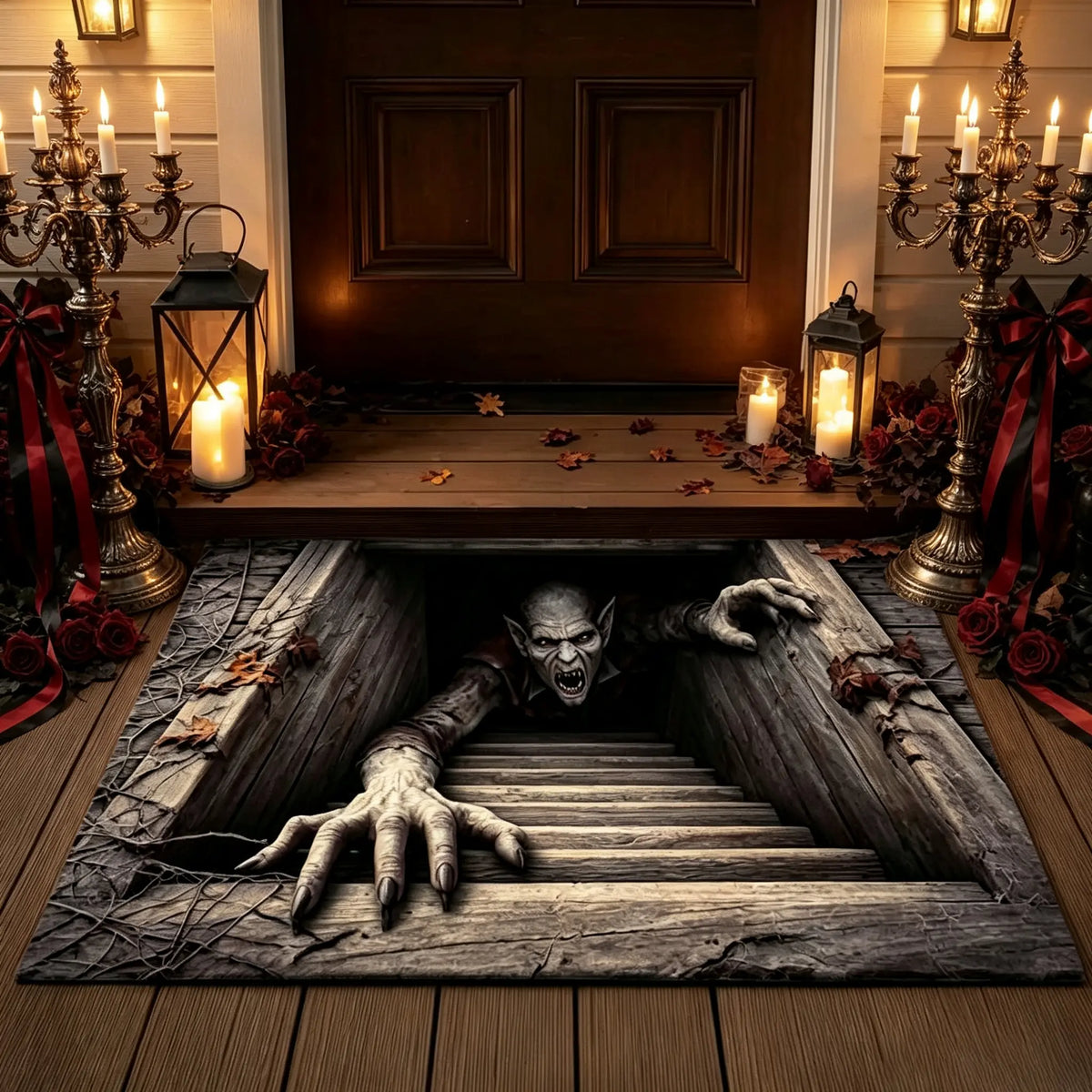 Halloween Front Door Mat – Festive 3D Visual Skull & Clown Horror Rug