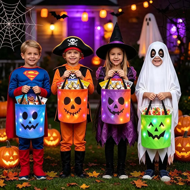 LED Halloween Pumpkin Light Candy Bucket & Goodie Bag Set (4 Pcs) – Reusable Trick-or-Treat Gift