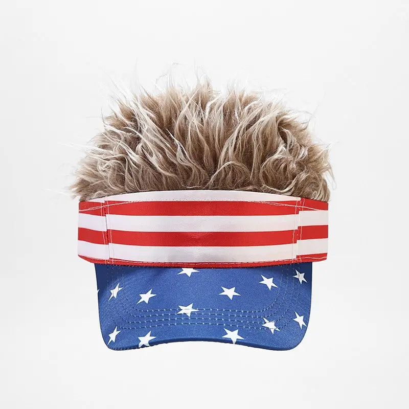 Patriotic US Flag Visor Hat with Fake Hair Wig
