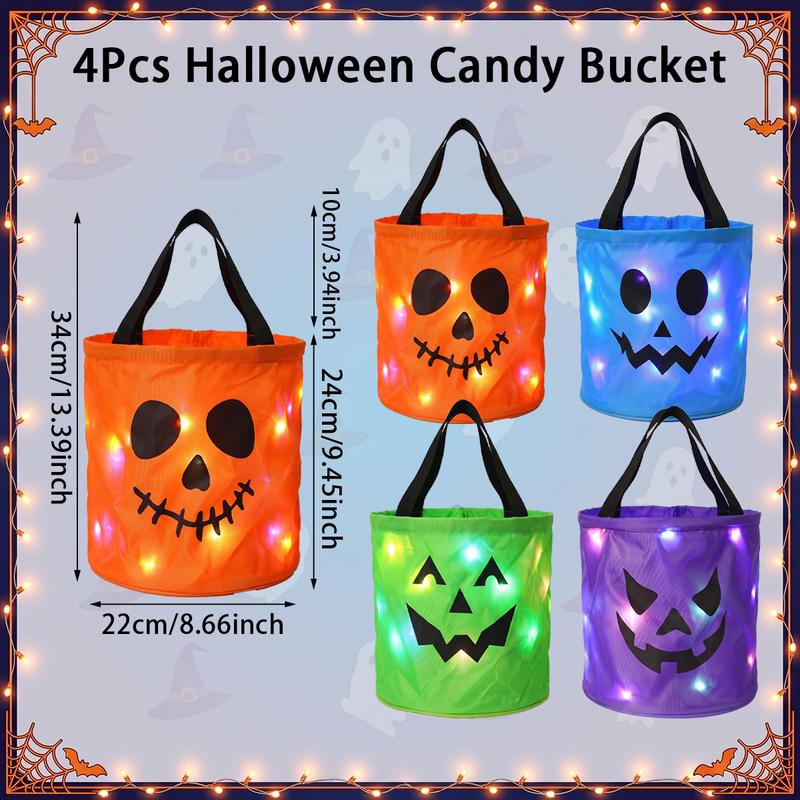 LED Light Halloween Pumpkin Candy Bucket Bags – Reusable Trick or Treat Tote