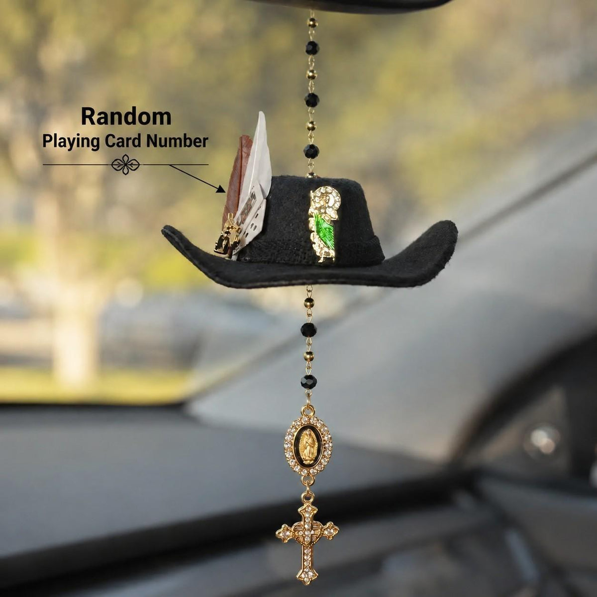 Handmade St. Jude Black Sombrero Car Blessing Charm – Faith Protection Rearview Mirror Ornament