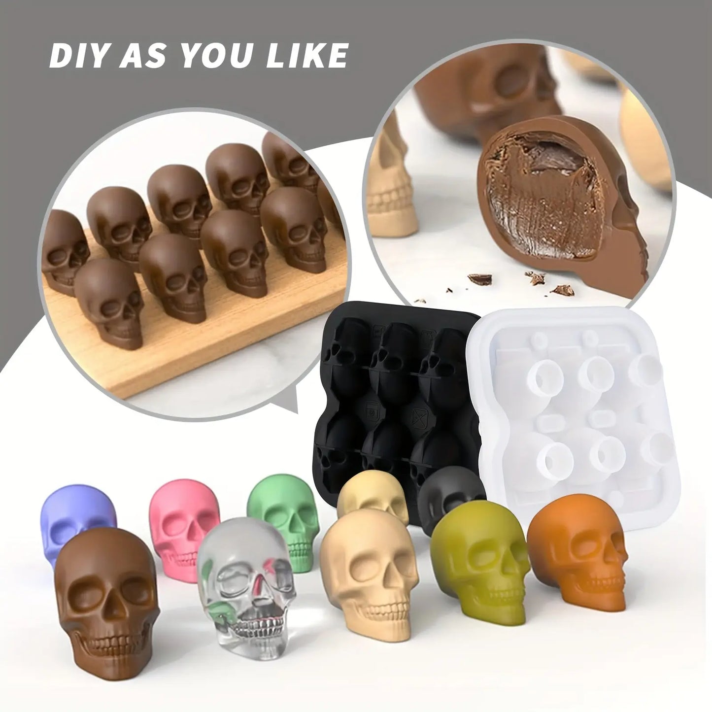 Skull-shaped ice cube molds, silicone ice cube trays, BPA-free freezer molds for making creepy skulls Ice Hockey, whiskey-mixed ice cubes, perfect for soft drinks, coffee, soda, kitchen restaurants, Halloween parties ,Black Utensils
