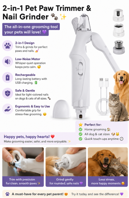 2-in-1 Pet Paw Trimmer & Nail Grinder, Rechargeable, Quiet Grooming for Dogs & Cats