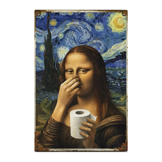 Mona Lisa Bathroom Metal Sign Funny Vintage Toilet Wall Decor Nose Pinching Stink Humor Da Vinci Inspired Rustic Metal Plaque 08*12 inch