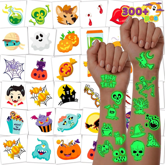JOYIN 306 Pcs Halloween Tattoos for Kids, Glowing Temporary Tattoos in Assorted Designs Bulk for Child Trick or Treat Gifts Halloween Party Favor Decorations Goodie Bags Supplies Class Game Prizes