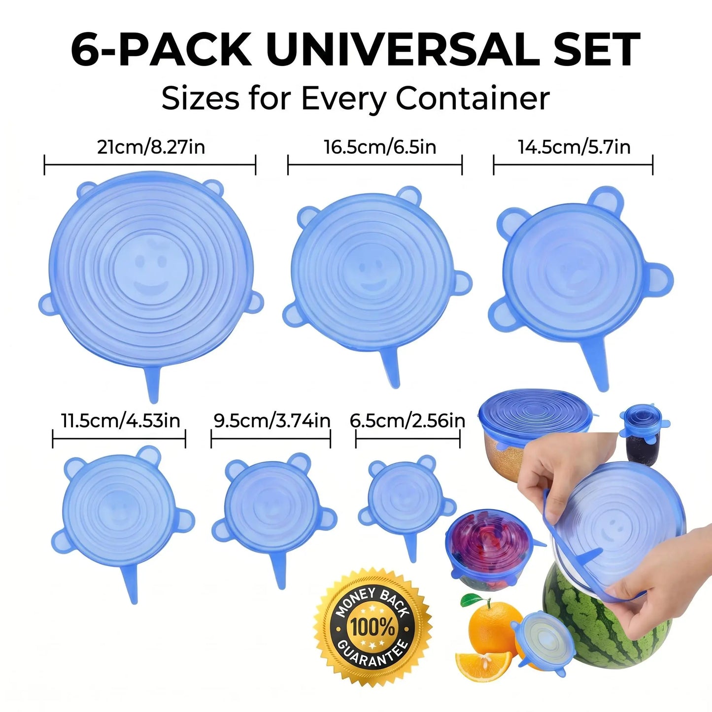 6-Pack Universal Reusable Silicone Lids – Self-Sealing Food Covers for Various Container Sizes