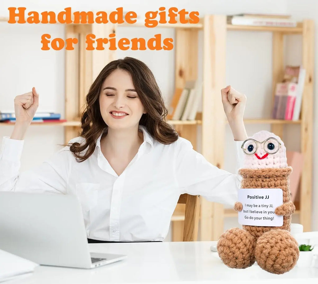 Funny Emotional Support Crochet Doll with Encouragement Card – Cute Knitted Desktop Decor & Inspirational Gift