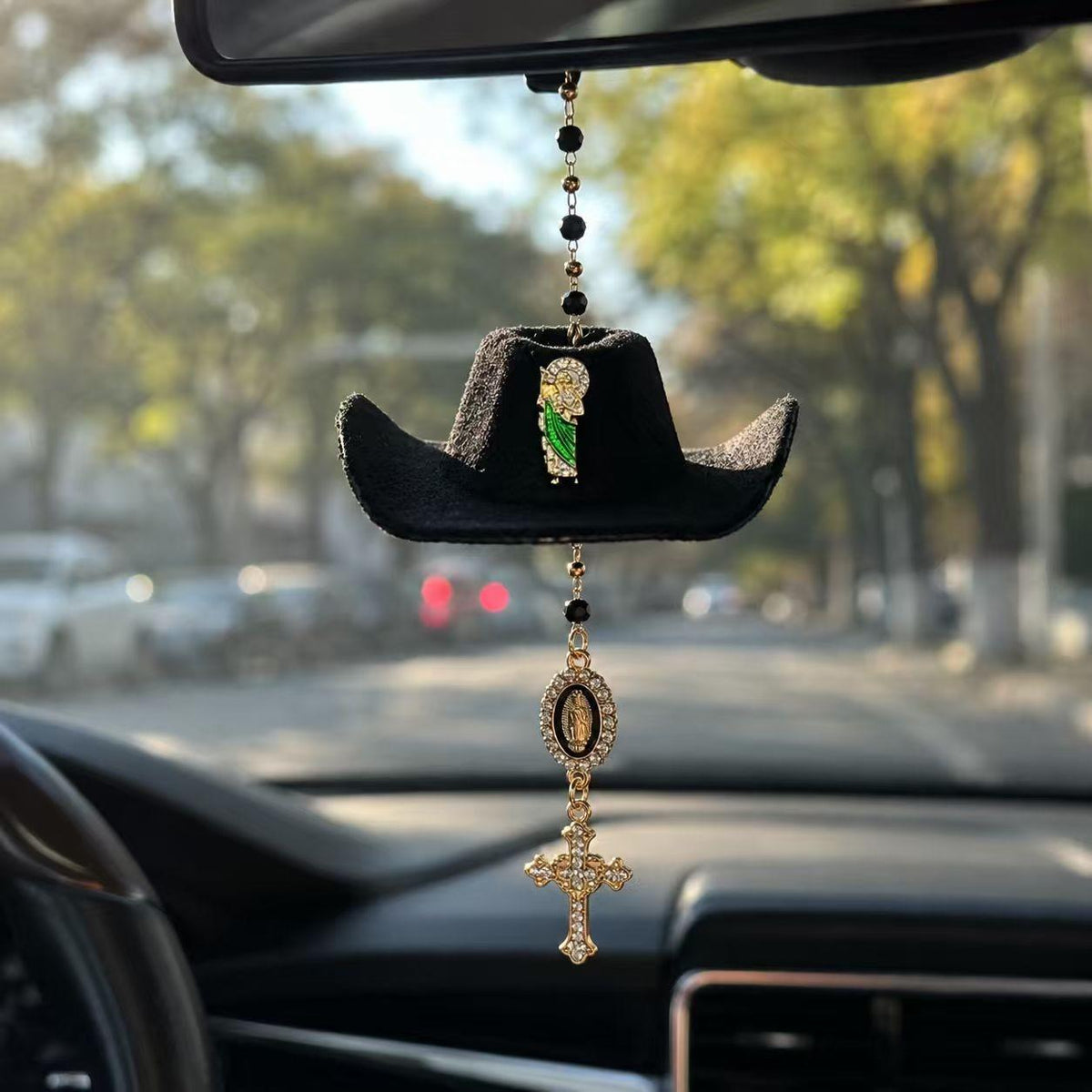 Handmade St. Jude Black Sombrero Car Blessing Charm – Faith Protection Rearview Mirror Ornament