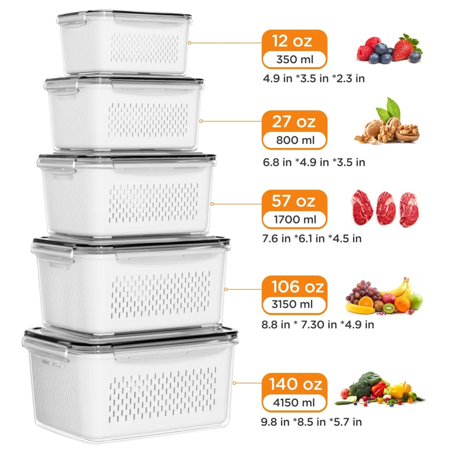 5PCS Fridge Organizer Set with Drain Basket – Stackable Produce Storage Containers for Fruits, Vegetables & Meal Prep