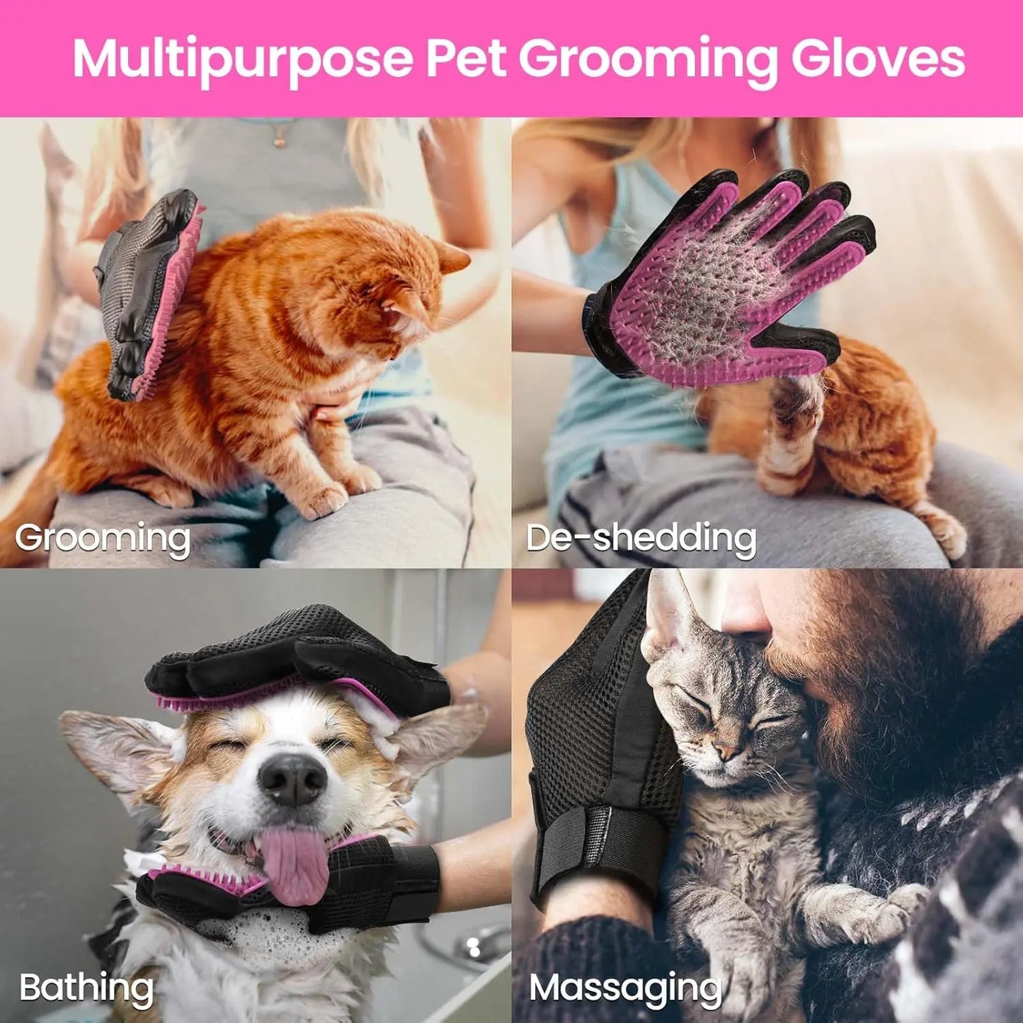 Upgraded Pet Grooming Gloves – 255 Silicone Tips 2-in-1 Deshedding & Massage Mitts